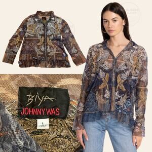 Johnny Was Noemie Mesh Blue Blouse L | Embroidered Phoenix Bird Sheer Top NWOT